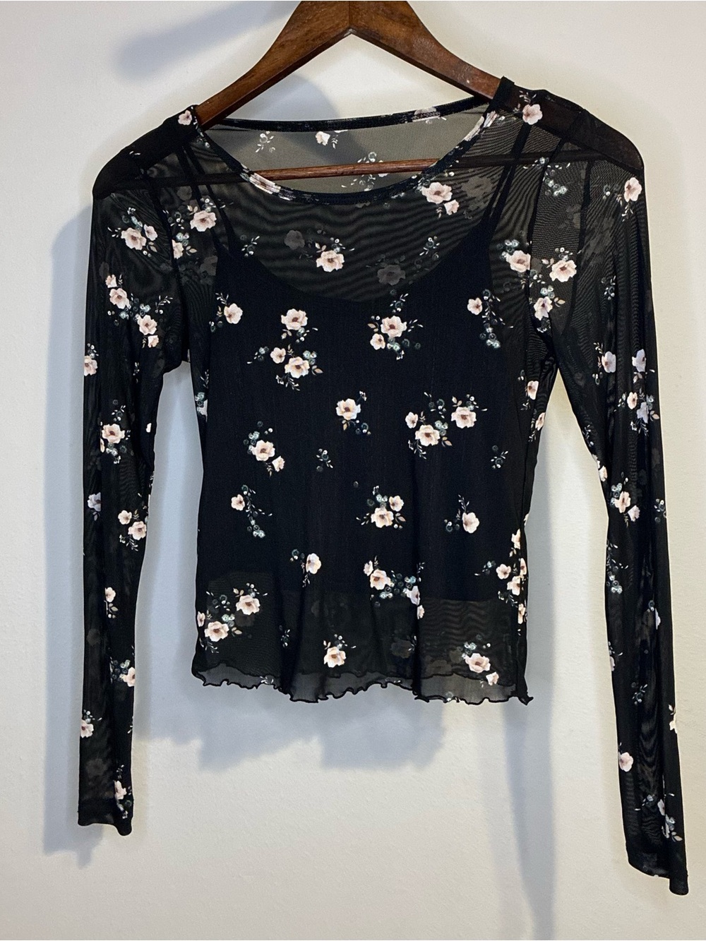 Abercrombie & Fitch Sheer Floral Mesh Long Sleeve Top Black Size Medium